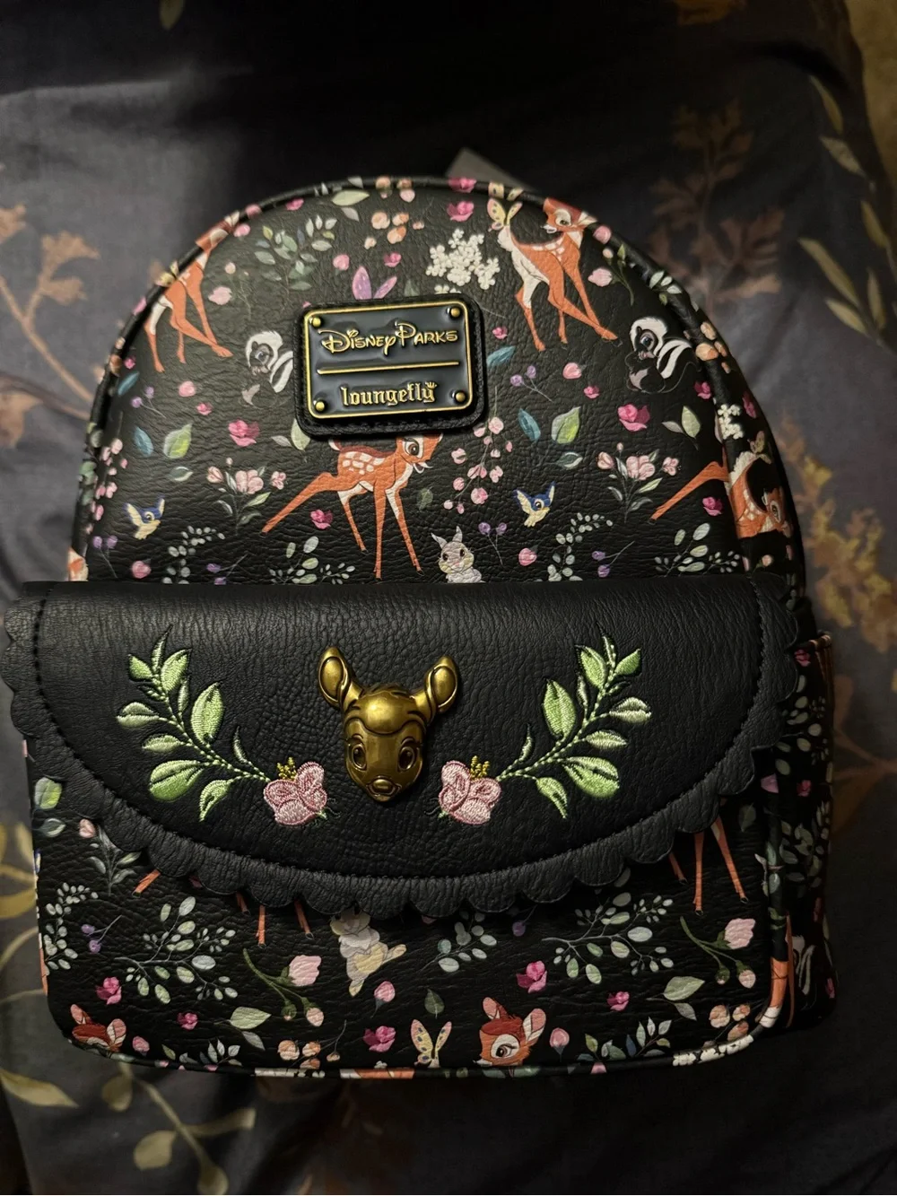 Loungefly Black Floral Bambi Mini Backpack with Gold Accent